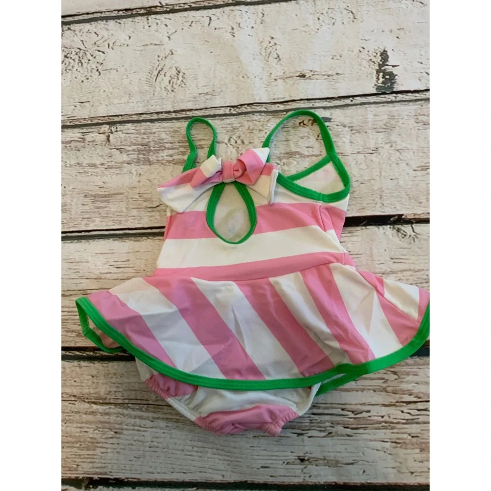Gymboree Tennis Turtle Match Pink White Striped Swimsuit Dress 6-12 Months